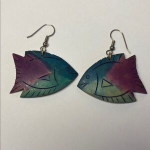 Colorful Carved Wooden Fish-Shaped Earrings 1.5” long